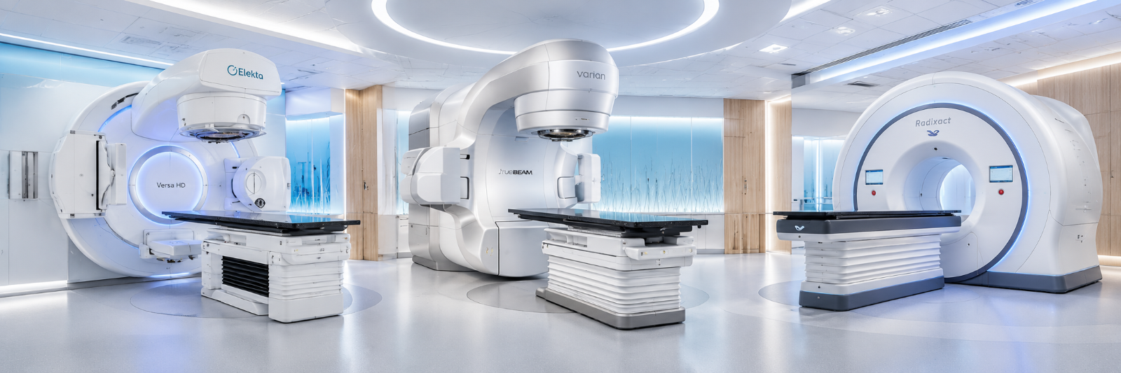 Linear accelerator treatment room with technical equipment and gantry system